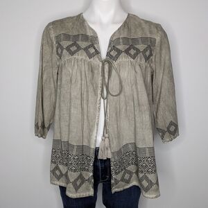 Crosstree Lane Muted Green Black Geometric Tie Front Cotton Cover Up Top L